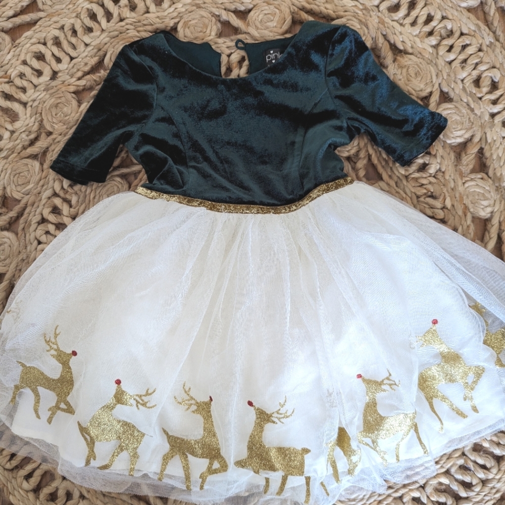 Macy's Black Velvet Top White Tulle Skirt Gold Reindeer Holiday Dress
